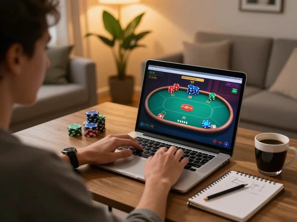 Player strategizing in a home poker game using GO8 platform on laptop with warm lighting.
