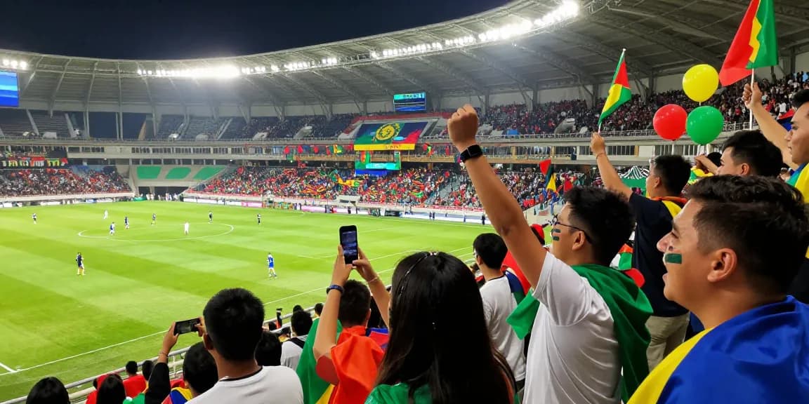 Fussball WM Deutschland 2026 in einem lebhaften Stadion mit enthusiastischen Fans und aufregenden Momenten auf dem Feld.