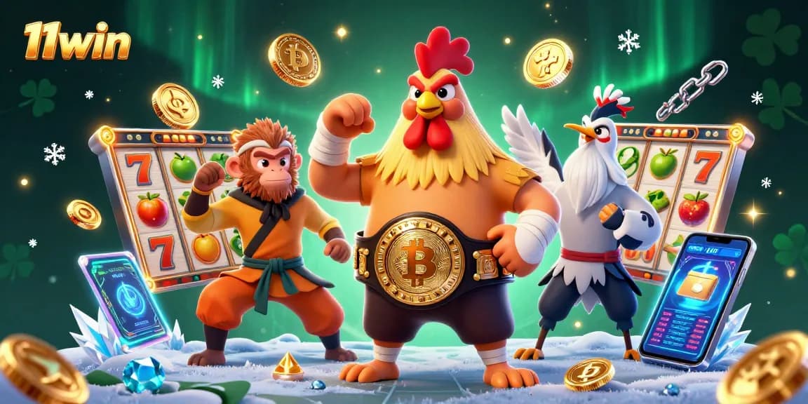 11win's dynamic casino scene with a Muay Thai rooster and martial artists amidst rich gaming elements.