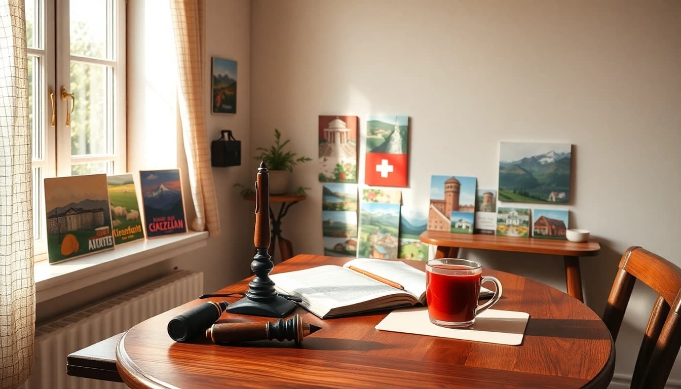 Entdecken Sie exquisite Grusskarten Schweiz mit traditionellen Motiven in einer einladenden Umgebung.