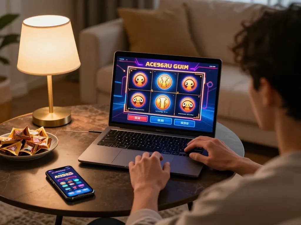 Engaging with Ace96au online slots on a laptop in a cozy home setting.