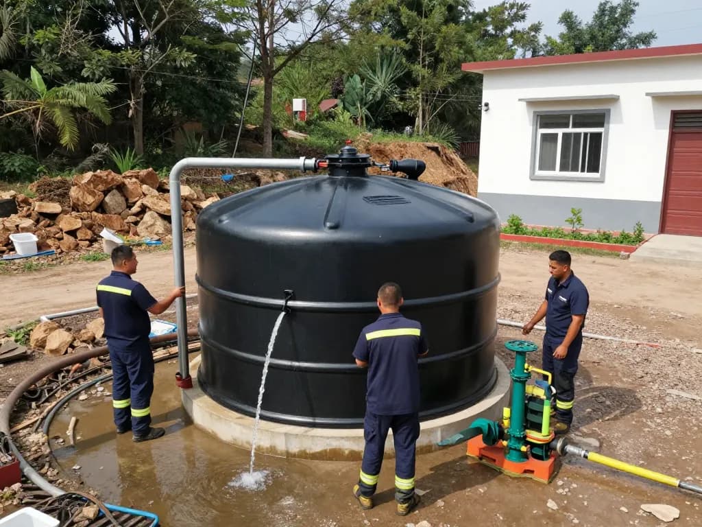 Löschwasserbehälter für abgelegene Gebäude, die von Fachleuten in unwegsamem Gelände installiert werden, um die Brandsicherheit zu gewährleisten.