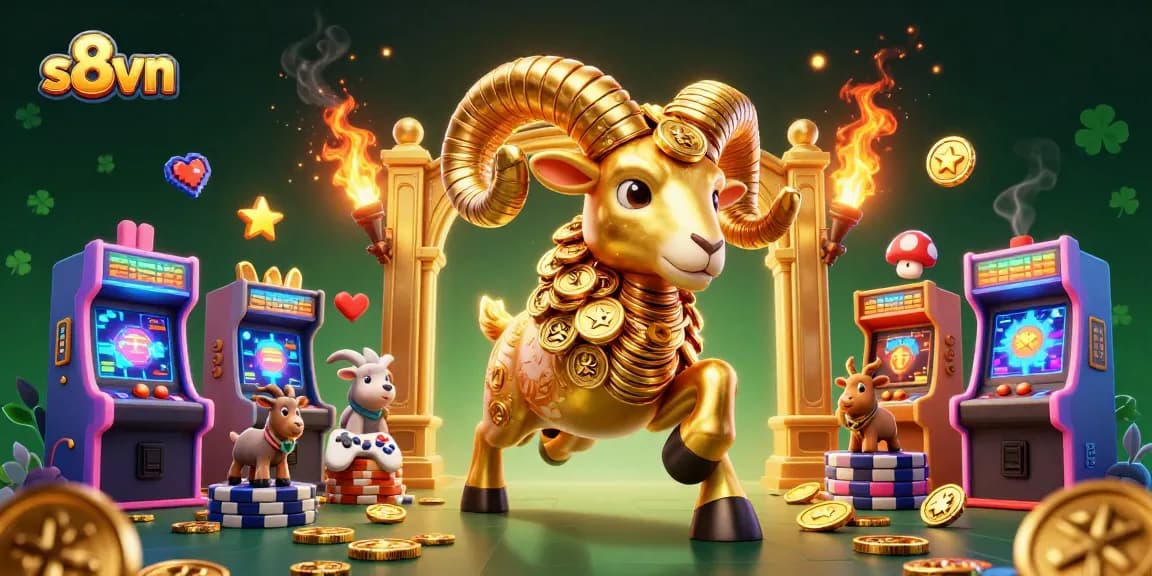 Engage with thrilling casino adventures at s8vn featuring a golden ram amidst arcade games and casino elements.