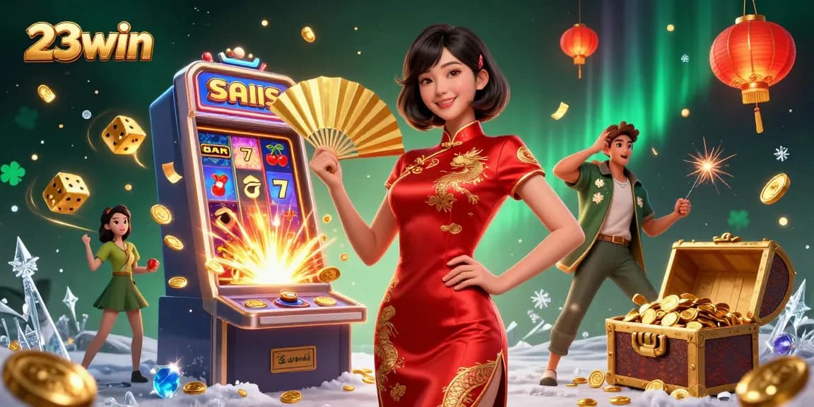 Experience the thrill of winning at 23win with vibrant casino games and jackpots in a colorful 3D scene.