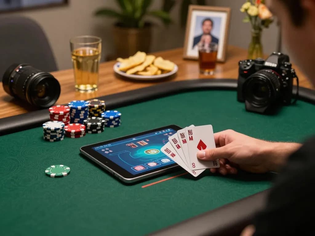 Players enjoying an engaging poker game at q23win.com, showcasing chips and cards in a lively home setting.