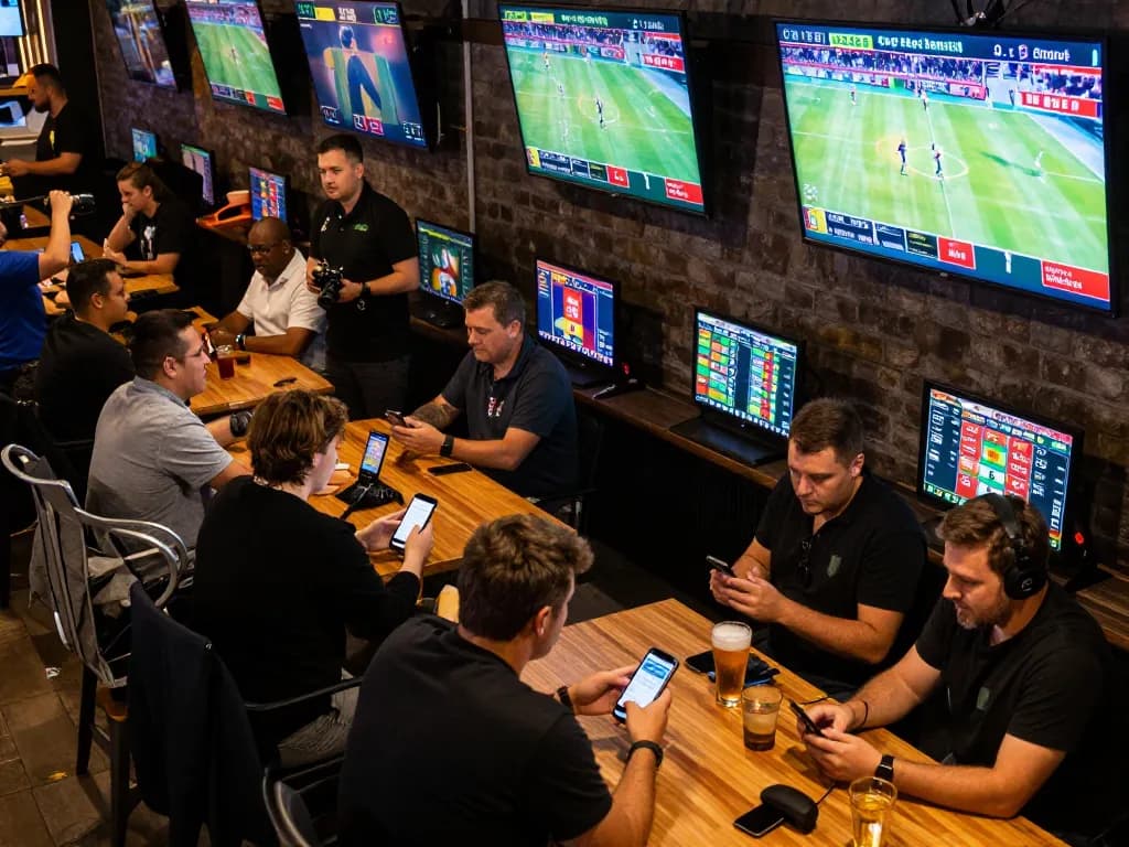Engaged patrons of go8 enthusiastically placing sports bets in lively atmosphere