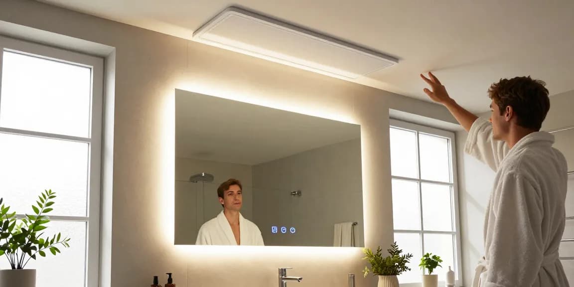 Infrarotheizung Decke mit Licht, die die moderne Badezimmeratmosphäre mit stilvollem LED-Licht und gemütlicher Einrichtung verbessert.
