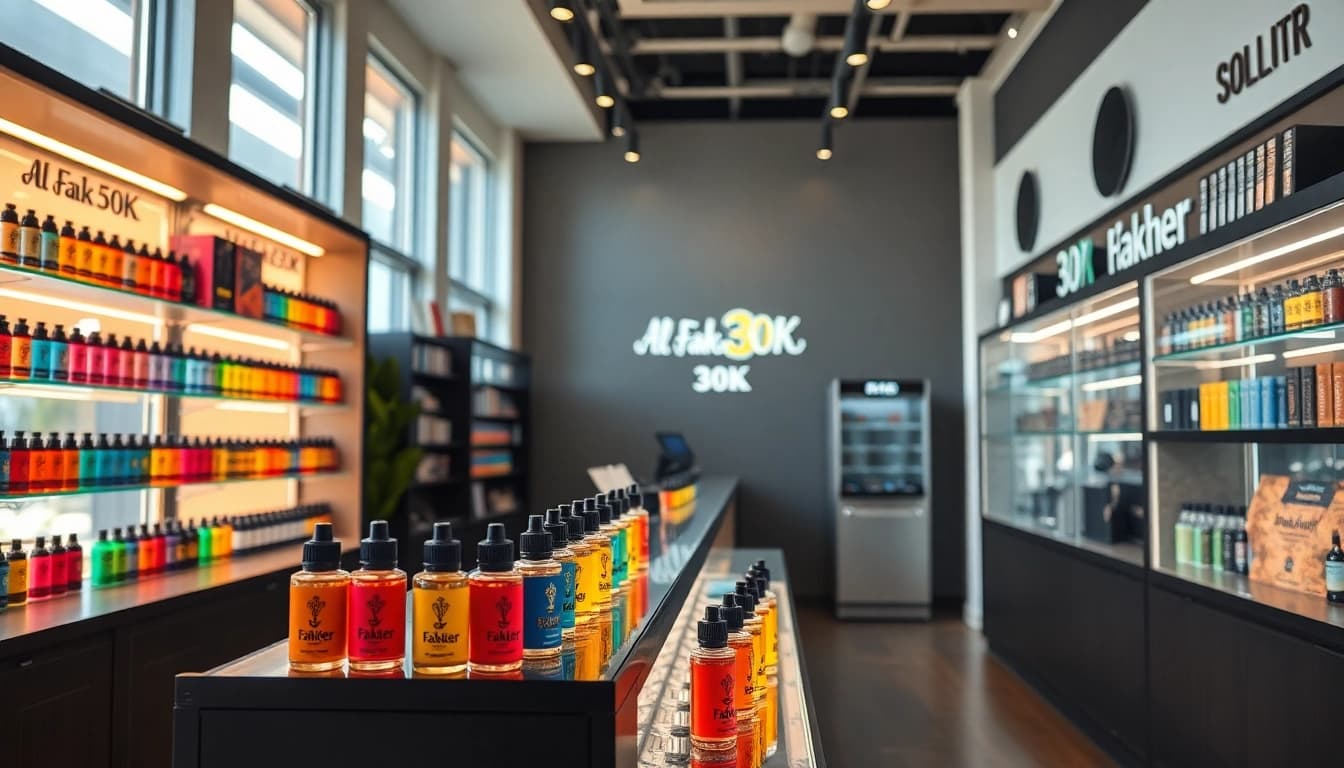 Genießen Sie Al Fakher 30K in einer eleganten Vape-Shop-Umgebung mit bunten Produkten.