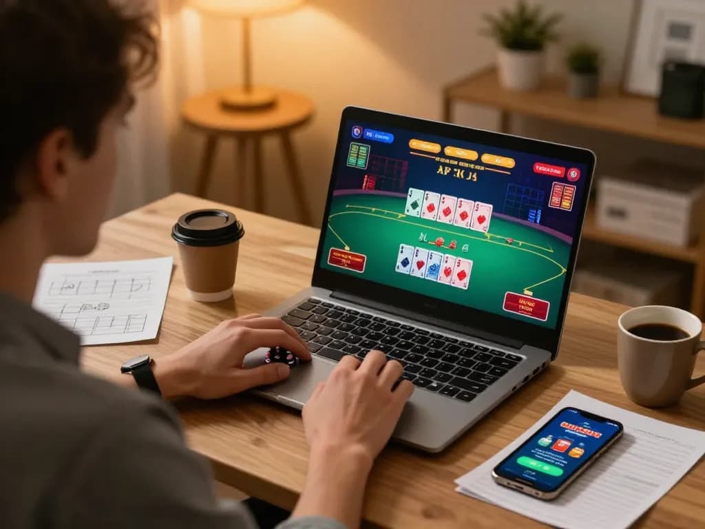 Player engaging in online poker with TT88 app on laptop, warm home decor creating a cozy atmosphere.