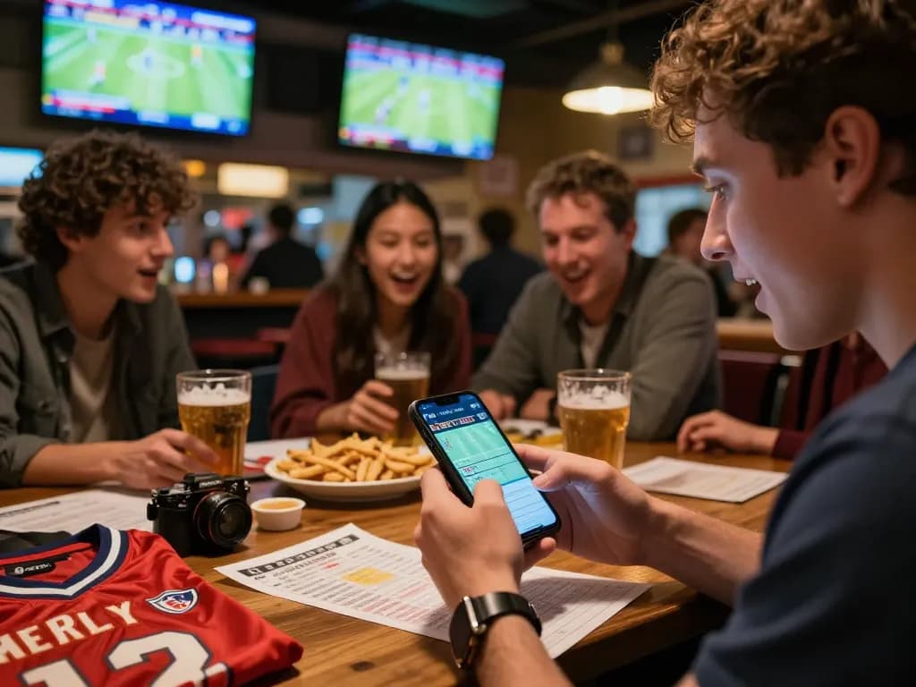 Engaging sports betting moment showcasing live odds and excitement at a bar while checking tỷ số trực tuyến 7m.