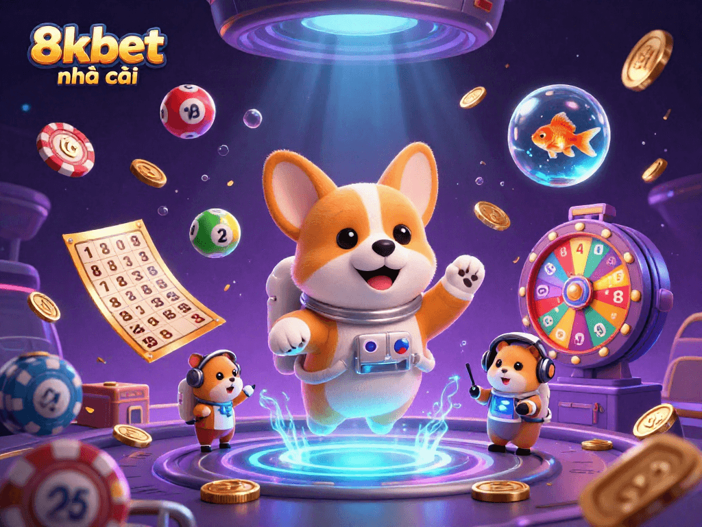 Experience the excitement of 8xbet nhà cái in a vibrant, dynamic casino scene with 3D characters and gaming elements.