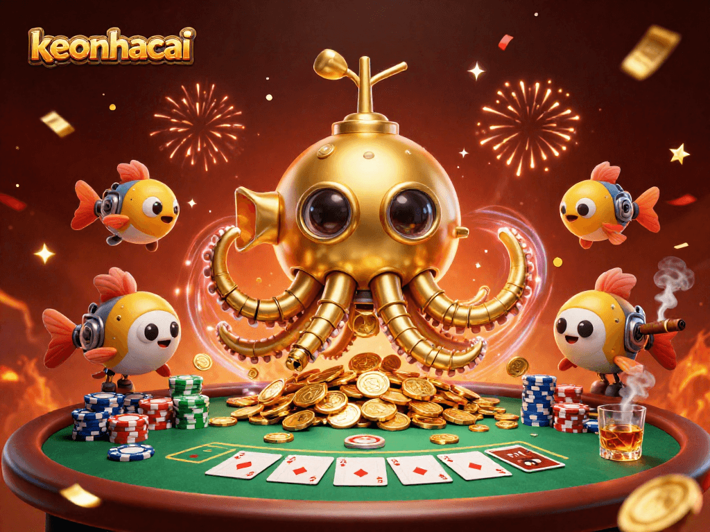 Experience the thrill of keonhacai with our golden kraken submarine surfacing through coins and poker excitement.