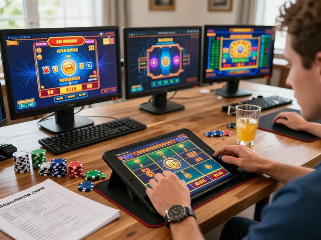 Engaged player enjoying dn88 casino slot game on tablet in a cozy home environment.