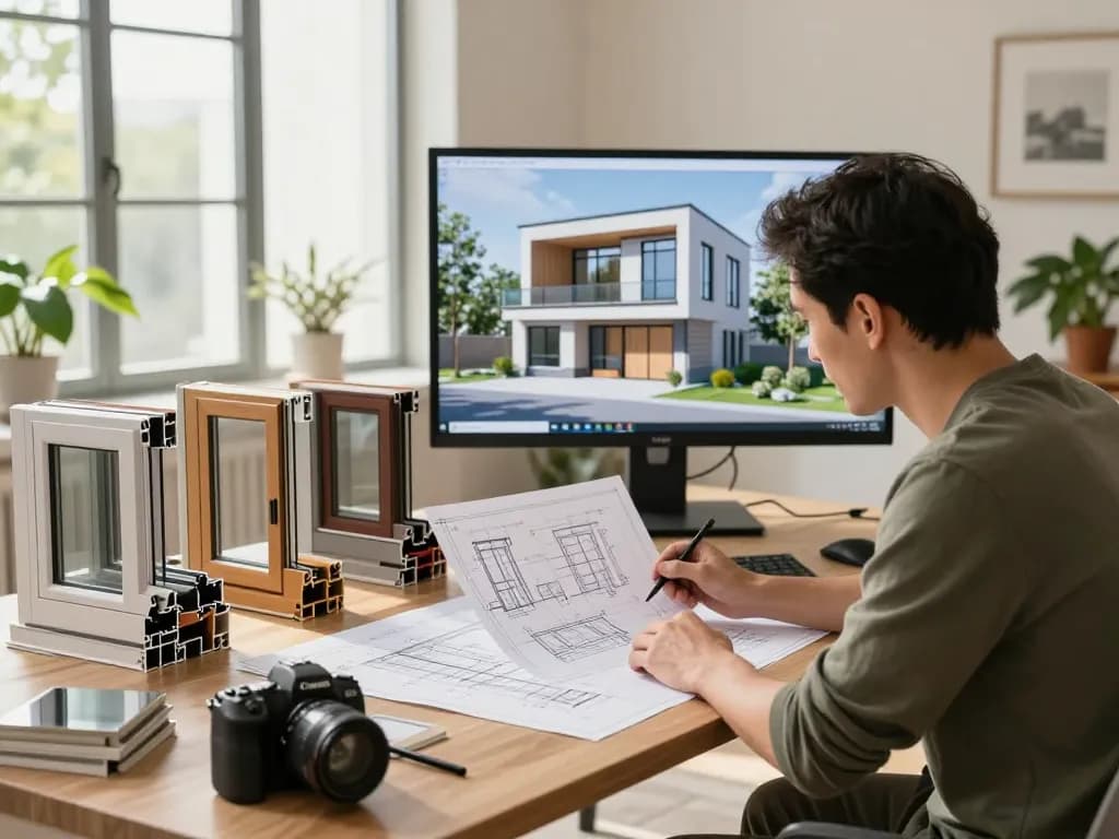 Architekt prüft Fensterbau-Entwürfe in einem modernen Arbeitsplatz mit natürlichem Licht