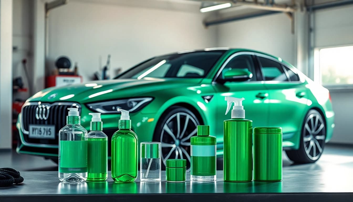 Detailing Produkte auf einer Werkbank in einer stilvollen Garage, umgeben von einem glänzenden Auto.