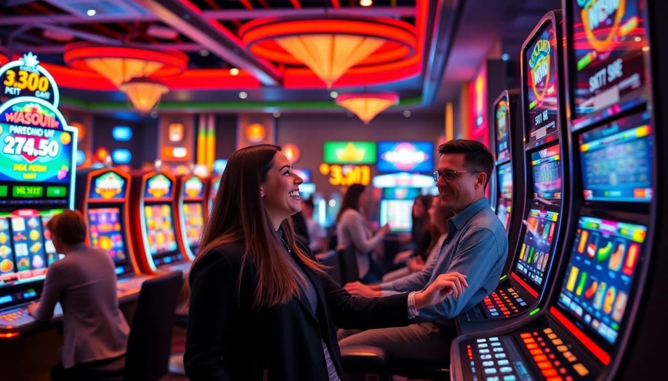 Experience the excitement of casino online schweiz with players enjoying engaging games and vibrant lights.