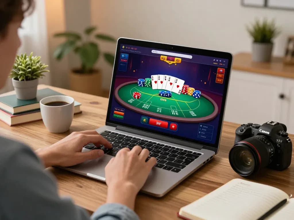 Player engaging in online poker at home, showcasing f168 gaming interface, warm lighting atmosphere.