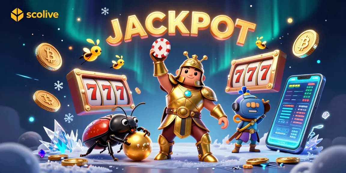 Socolive showcases a dynamic 3D scene with a gladiator beetle celebrating his poker win alongside crypto elements and vibrant casino symbols.