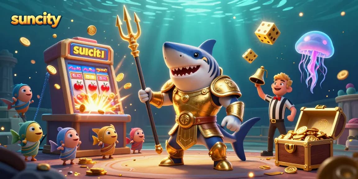 Suncity's vibrant underwater casino scene with animated shark and festive jackpot action.