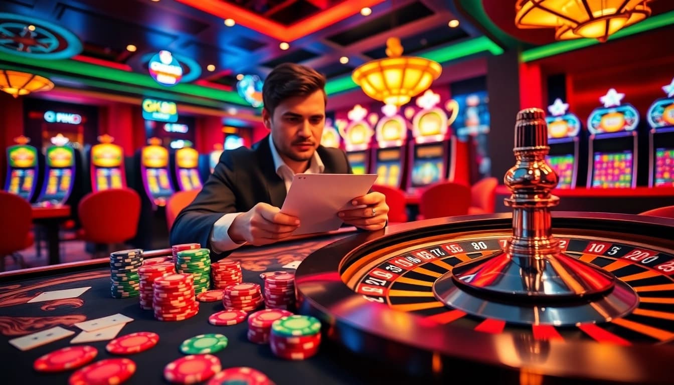 Experience the thrill of GK88's vibrant online casino with poker chips and roulette wheel.