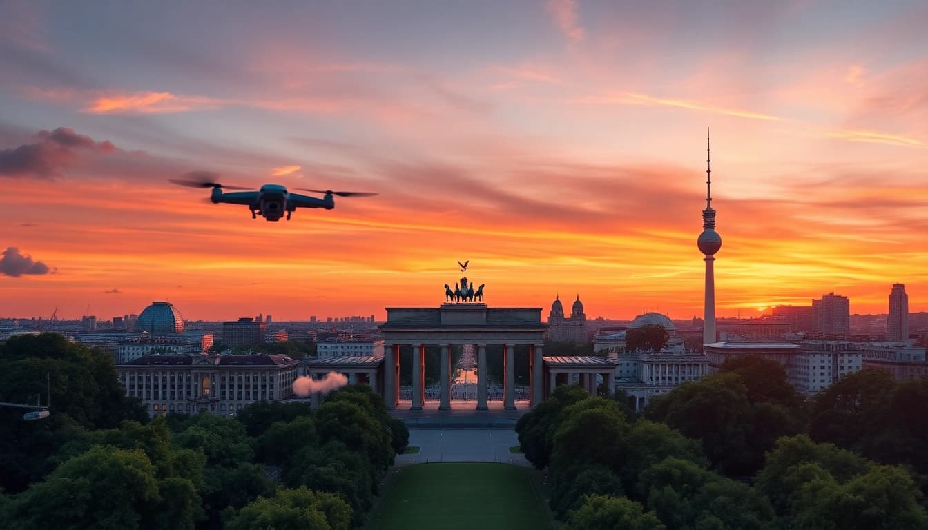 Drohnenfotos Berlin: Aerial view of Berlin's skyline with sunset colors and iconic landmarks.