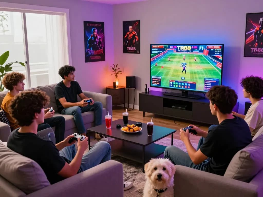 Engaging gaming scene showcasing friends playing at home with TR88 online gaming experience.