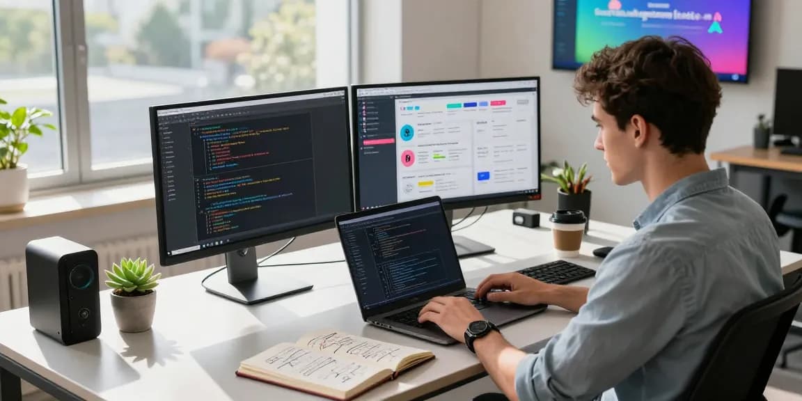 Build internal tools with AI in a modern workspace, featuring a young developer coding on dual monitors.