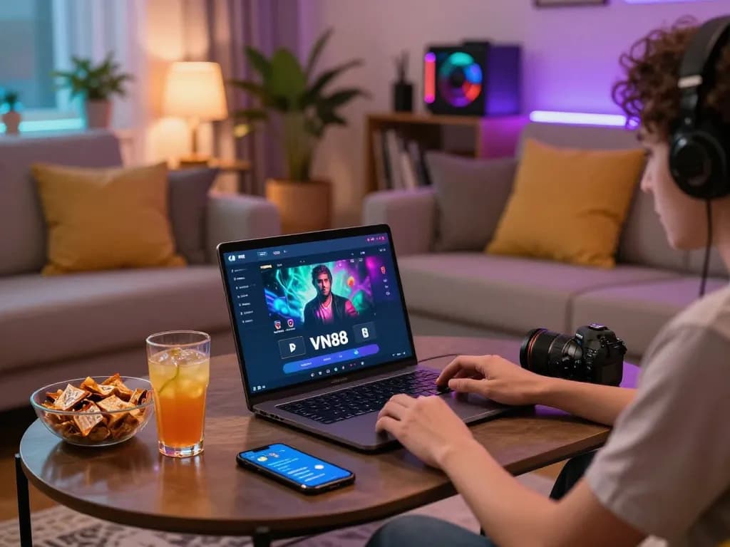 Engaging with VN88 online betting in a cozy living room with snacks and ambient lighting.