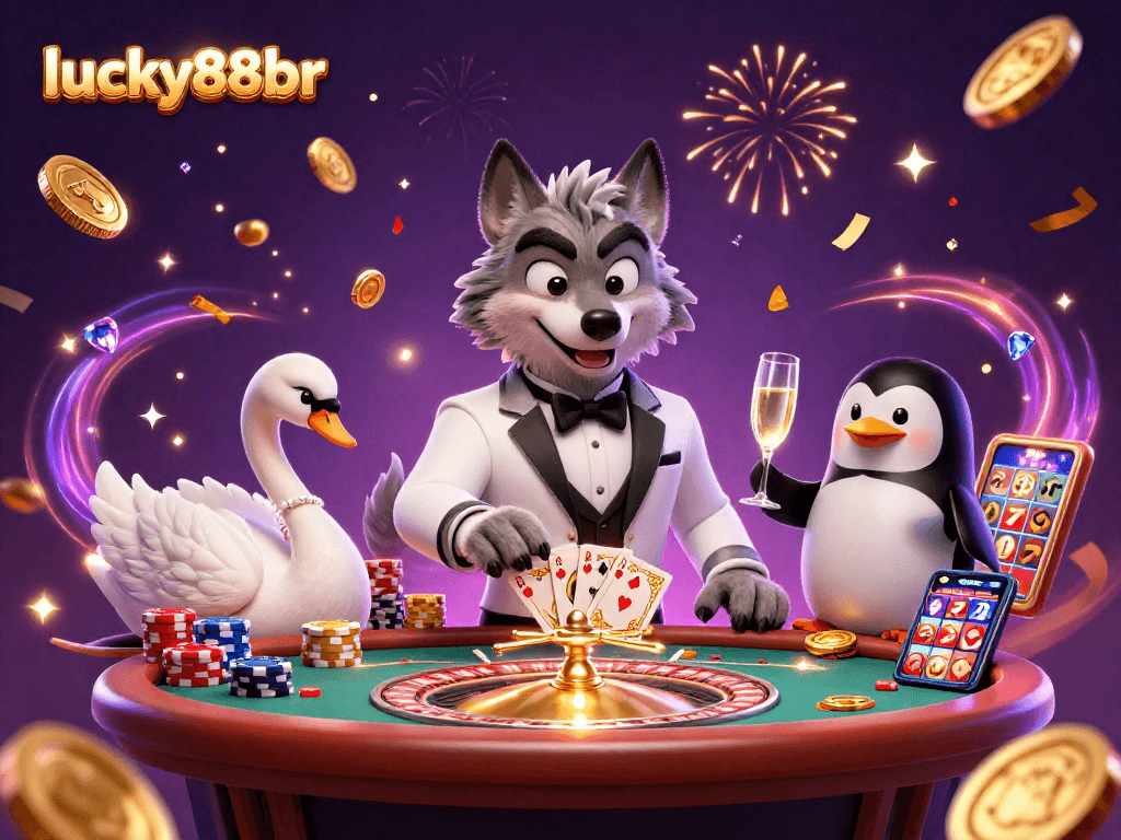 Experience thrilling gameplay with lucky88br featuring a wolf, swan, and penguin in an exciting casino scene.