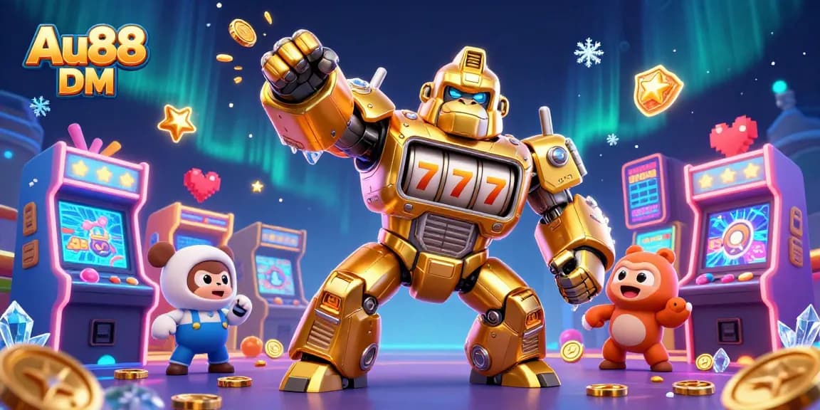 Engage with the vibrant Au88 DM casino world, featuring a golden gorilla mech amidst exciting game elements.