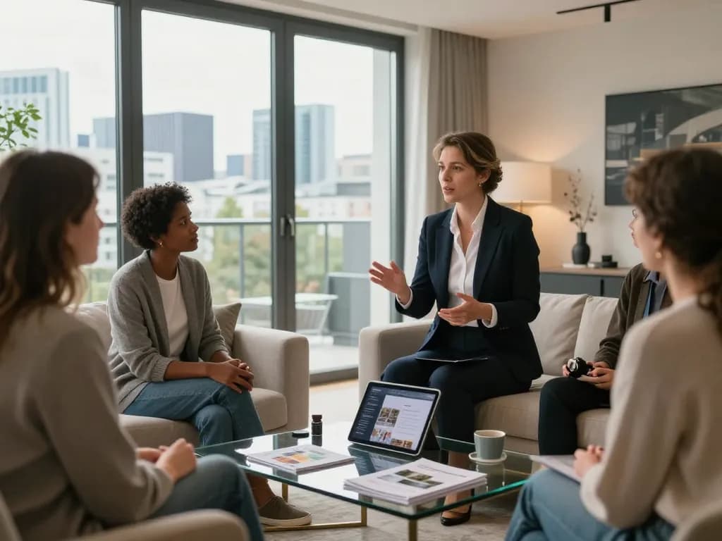 Immobilienmakler zeigt potenziellen Käufern Immobilien in Frankfurt Sachsenhausen und hebt einzigartige Merkmale sowie die einladende Atmosphäre hervor.