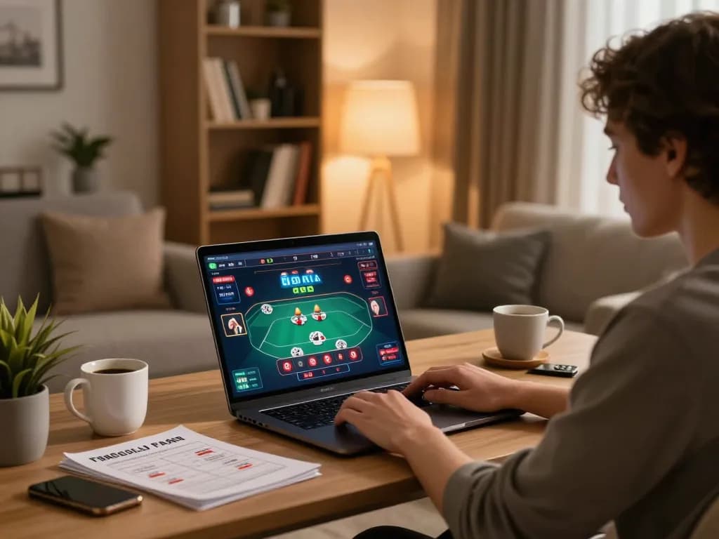 X88 player engaging in online casino poker game at stylish home setup