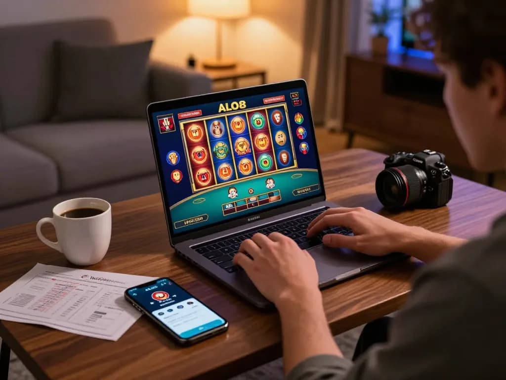 Player engaged in ALO8 casino games on laptop, showcasing immersive online gambling experience.