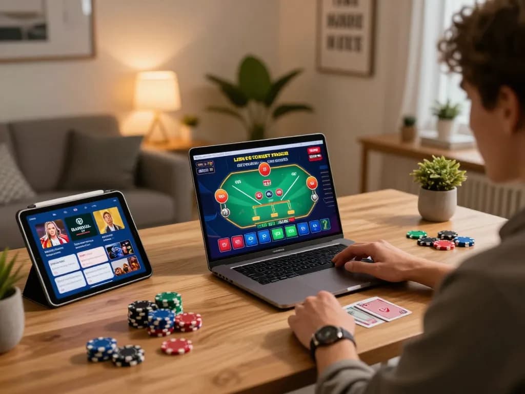 Player engaging with Go8 online casino as cards are dealt in a cozy home setting.