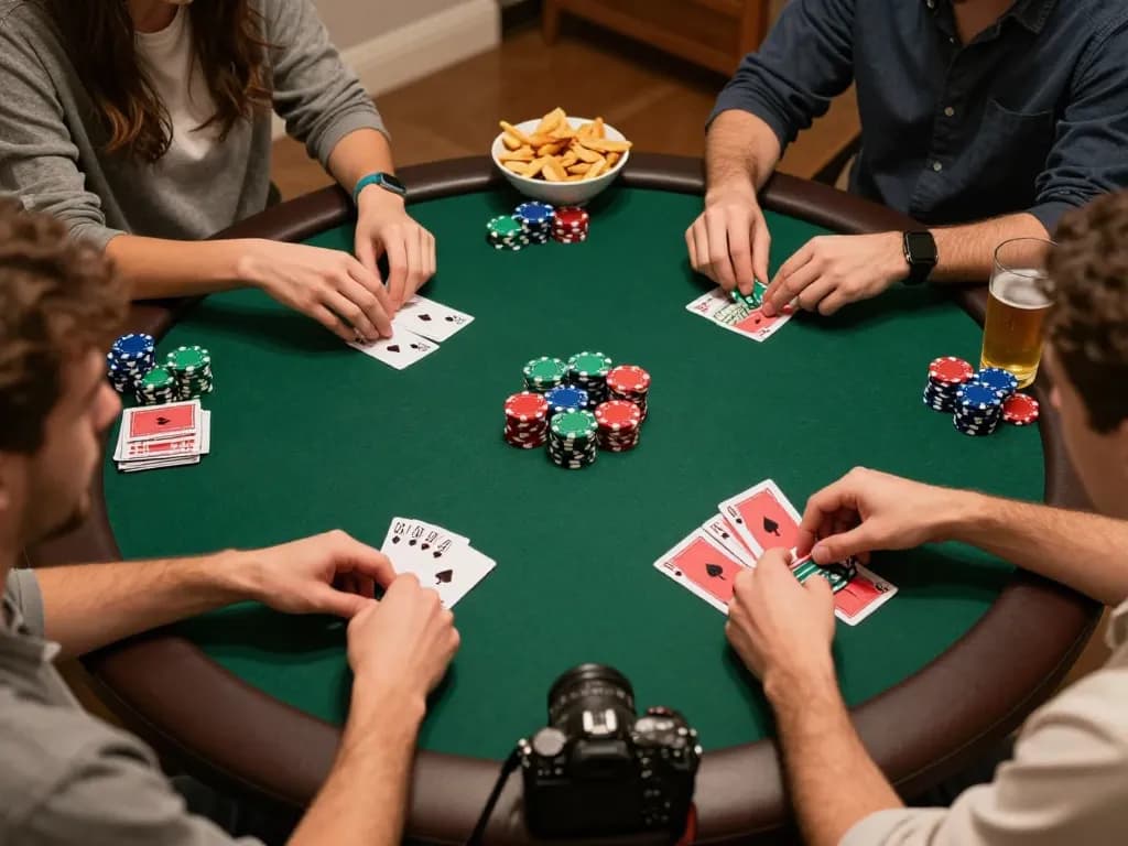 Friends enjoying a competitive poker game night with sunwin chips and cards in action