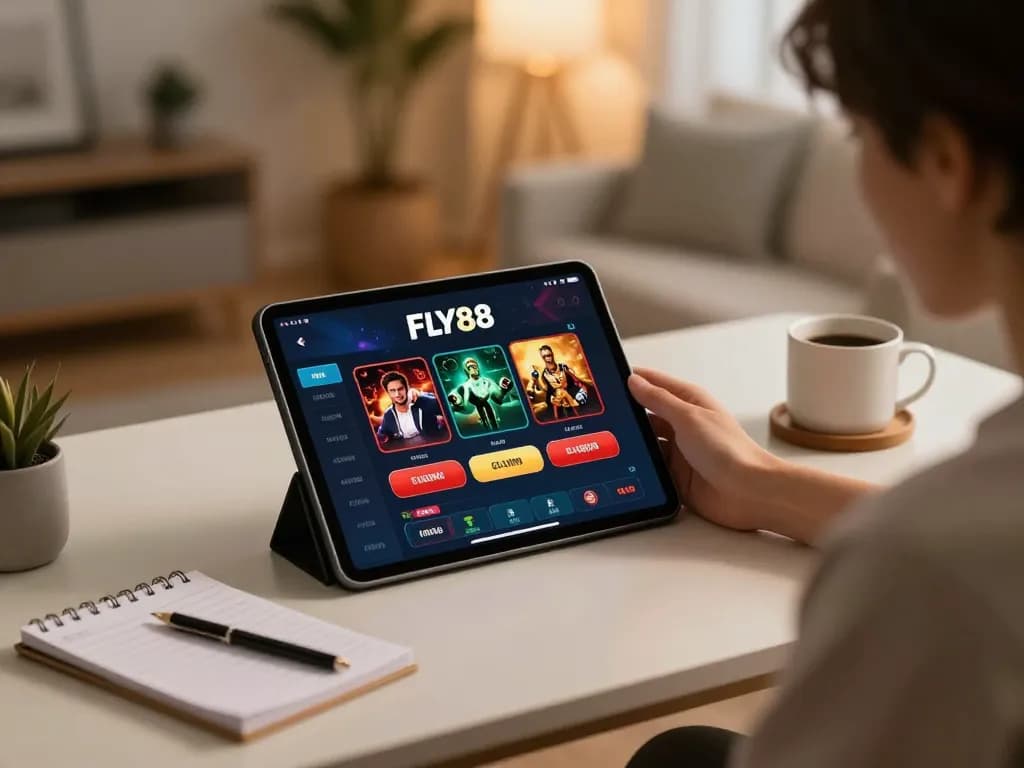 Engaged gamer using FLY88 on a tablet in a cozy home setup, highlighting online casino experience.