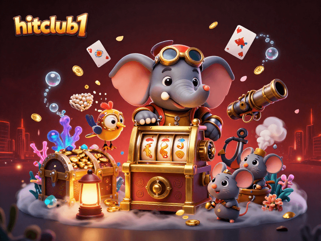 Experience the excitement of hitclub1 featuring vibrant slot machine action and colorful gems in a dynamic illustration.
