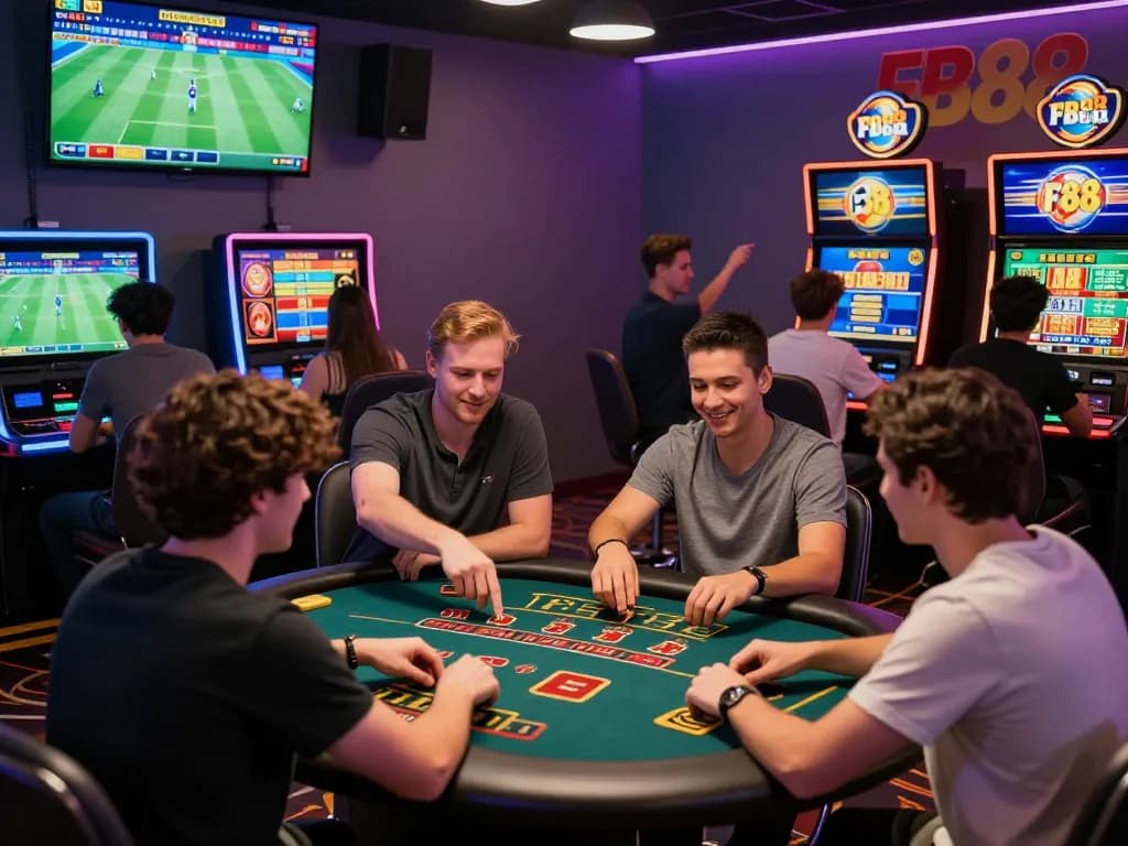 Exciting online gaming atmosphere at FB88 with players engaging in sports betting and casino games.