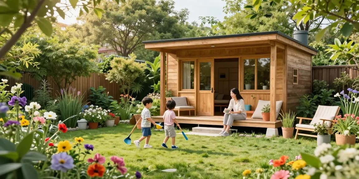 Geräumiges Gartenhaus in einem idyllischen Garten mit spielenden Kindern.