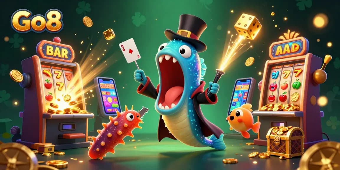 Go8 offers a dynamic gaming experience with colorful characters performing card tricks amidst a jackpot explosion.