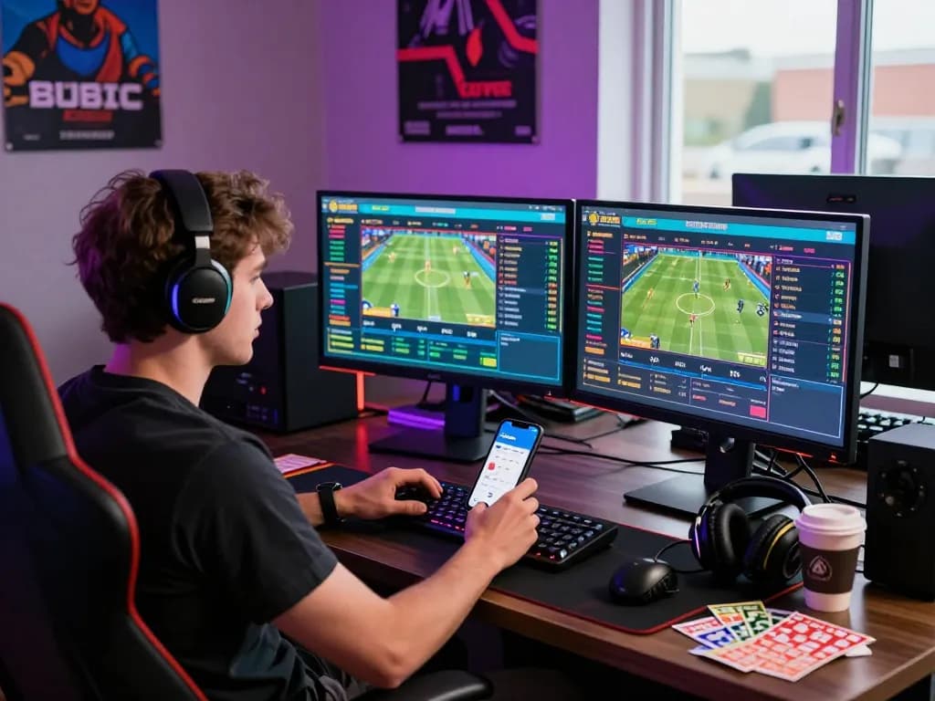 Engaging scene of a young man using ZBet app for online sports betting