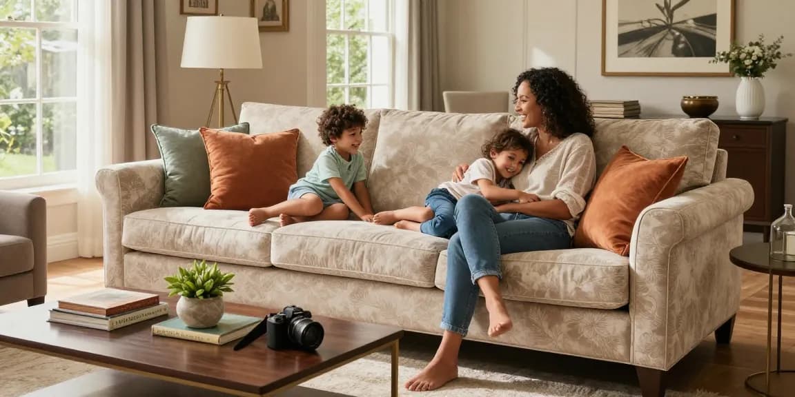 Baxter Sofa kaufen online in einem gemütlichen Familienwohnzimmer, das Komfort und Eleganz zeigt.