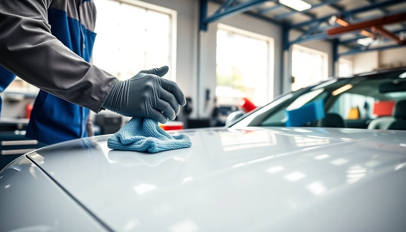 Keramikversiegelung München: Techniker bei der Anwendung einer Hochglanzversiegelung auf einem Fahrzeug.