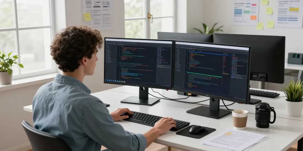 Windows 11 Enterprise LTSC 2024 Lizenz kaufen in einem modernen Software-Entwicklungsbüro mit dualen Monitoren und mobiler Softwareentwicklung.