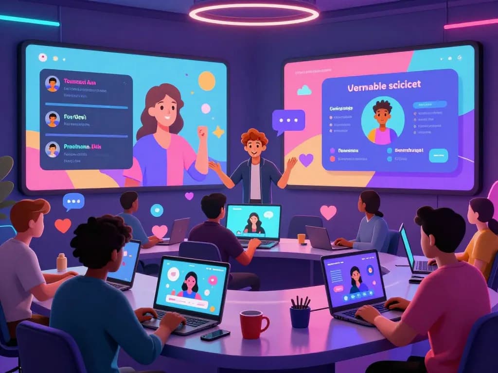 AI avatar engaging users in a vibrant chat room highlighting features of porn chat ai, with colorful animations and energetic atmosphere.