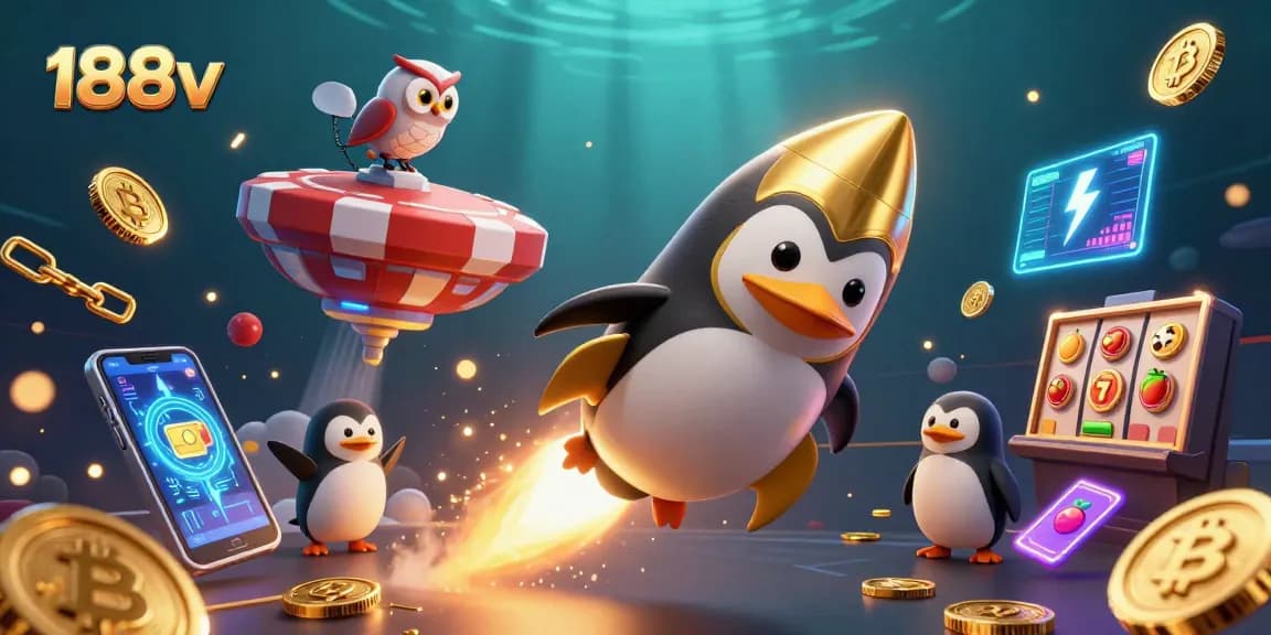 Play games at 188v with a thrilling casino scene of a golden penguin and slot treasures.