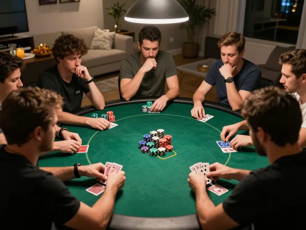 Players engaged in a strategic poker game at home, showcasing mk8th gambling strategy in action