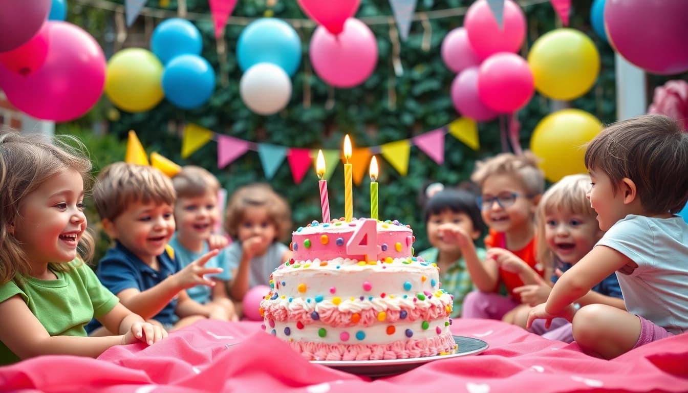 Kindergeburtstag 4 Jahre: fröhliche Kinderfeier mit buntem Kuchen und Spielen.