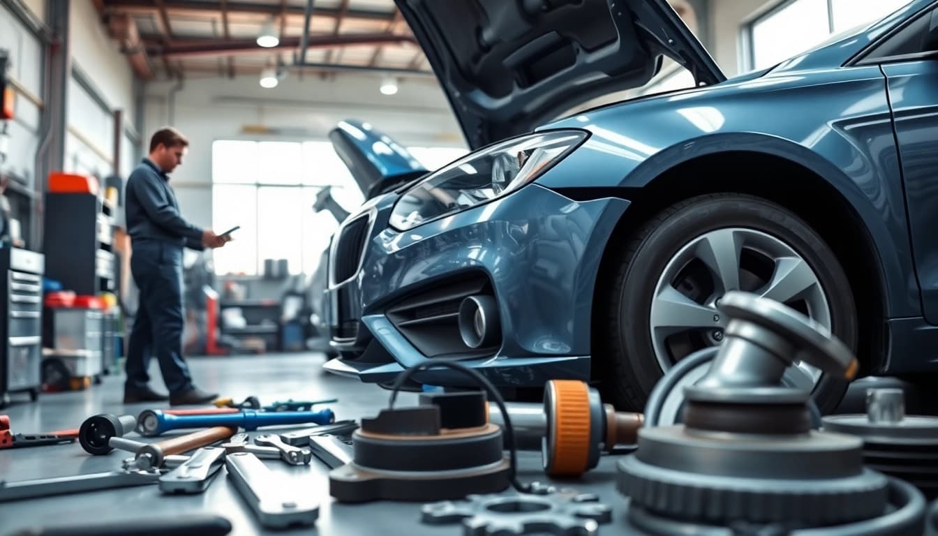 Motorschaden Ankauf: Mechanic inspecting damaged vehicle in a professional workshop.