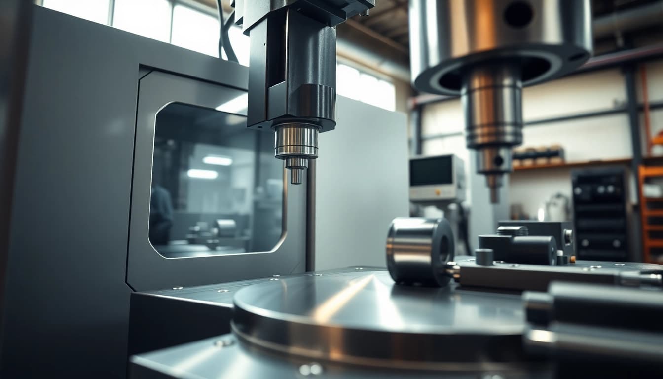 cnc teile fertigen lassen in modernem Werkstatt-Setting mit CNC-Maschine und hochwertigen, glänzenden Metallteilen.